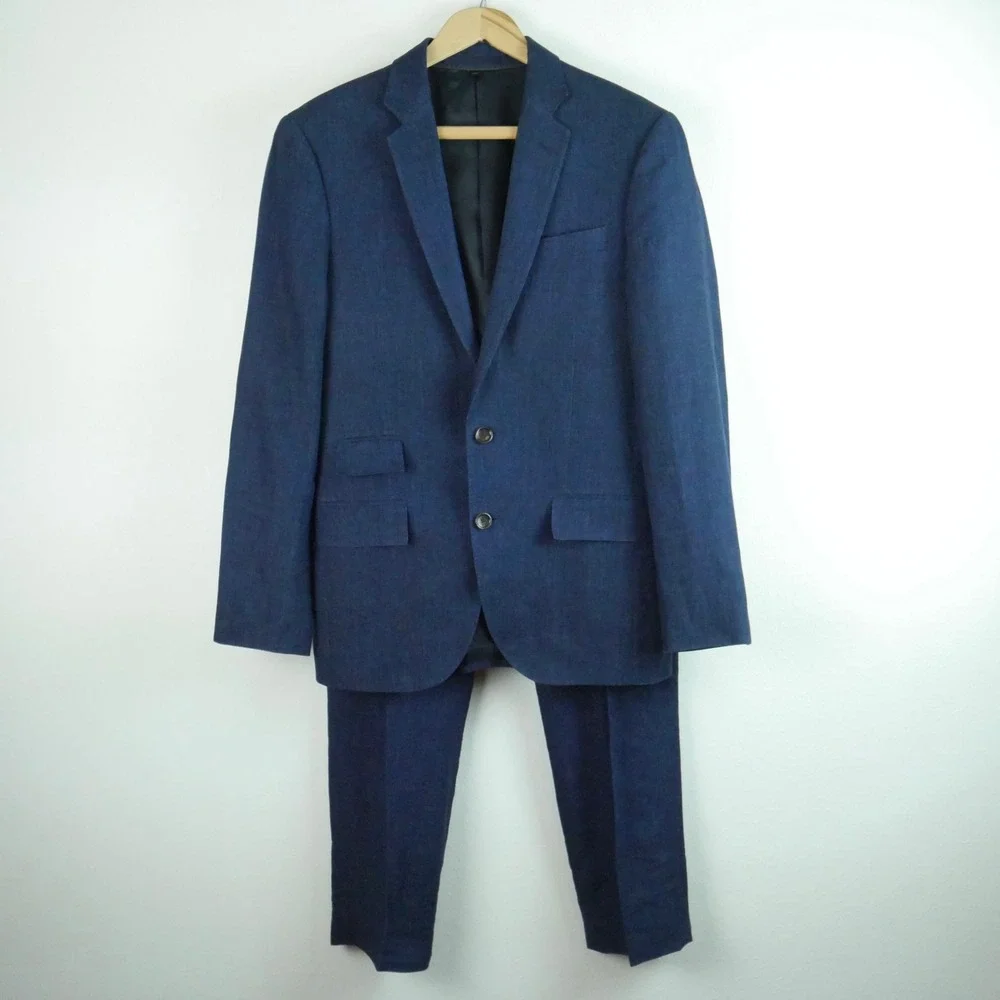 J.Crew Ludlow Suit Indigo Blue 100% Linen 34S Blazer 30x30 Pants Two Button